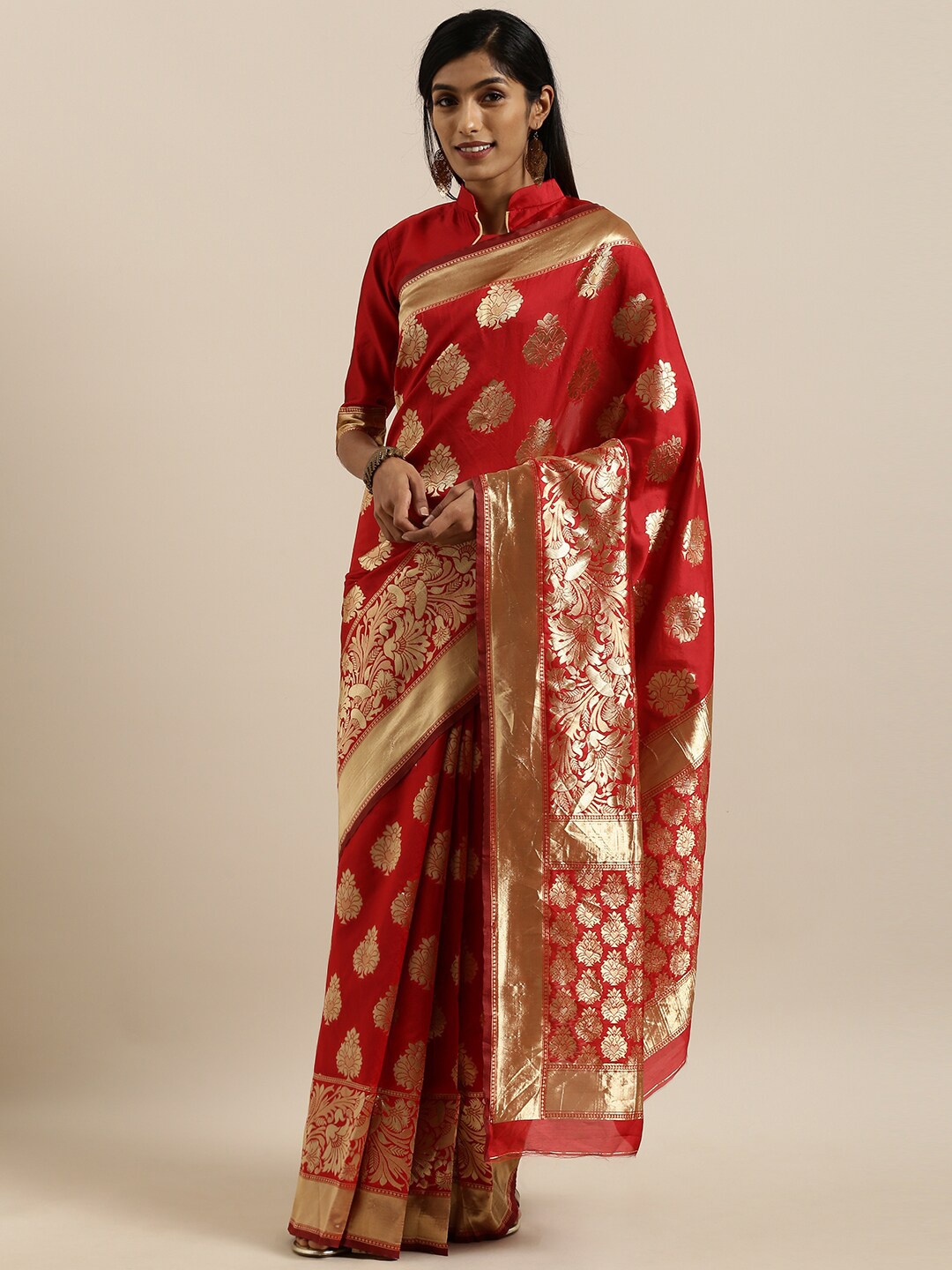 

SHAVYA Red & Gold-Toned Woven Design Zari Pure Silk Heavy Work Banarasi Saree