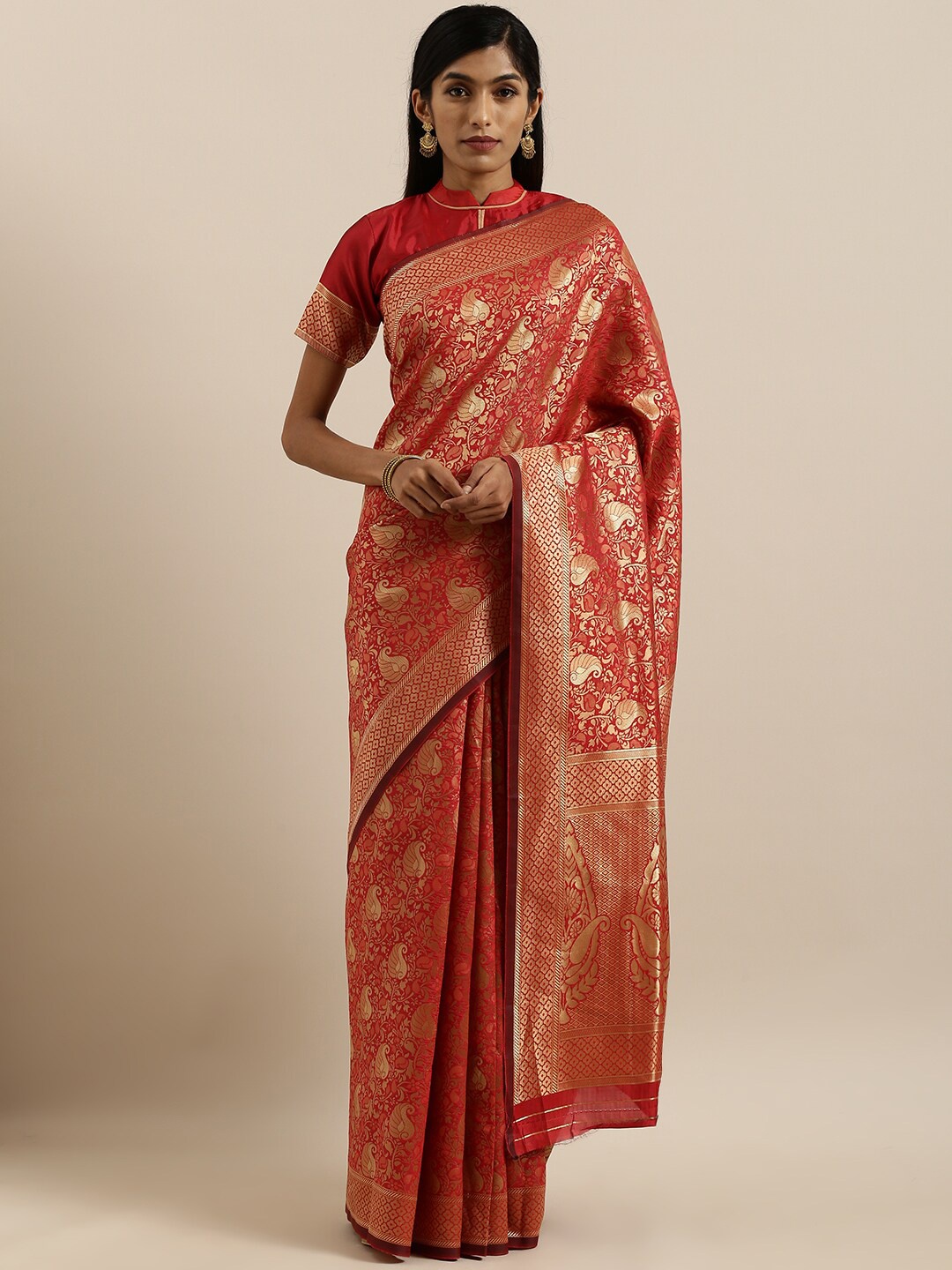 

SHAVYA Red & Gold-Toned Woven Design Zari Pure Linen Banarasi Saree