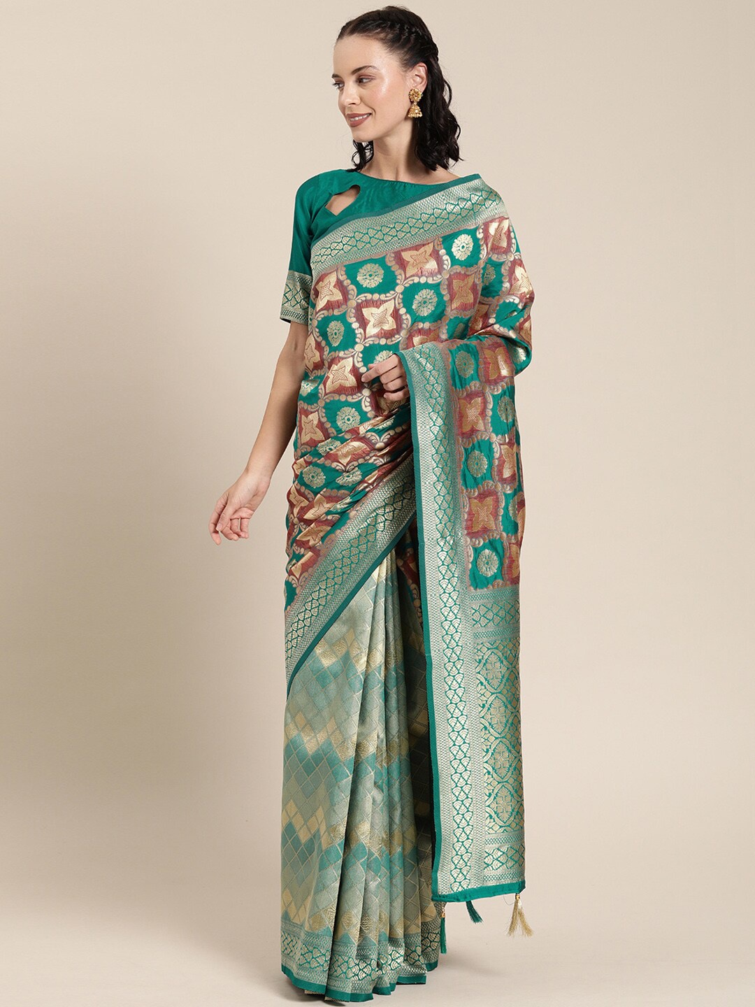 

SHAVYA Sea Green & Brown Woven Design Zari Pure Silk Banarasi Saree