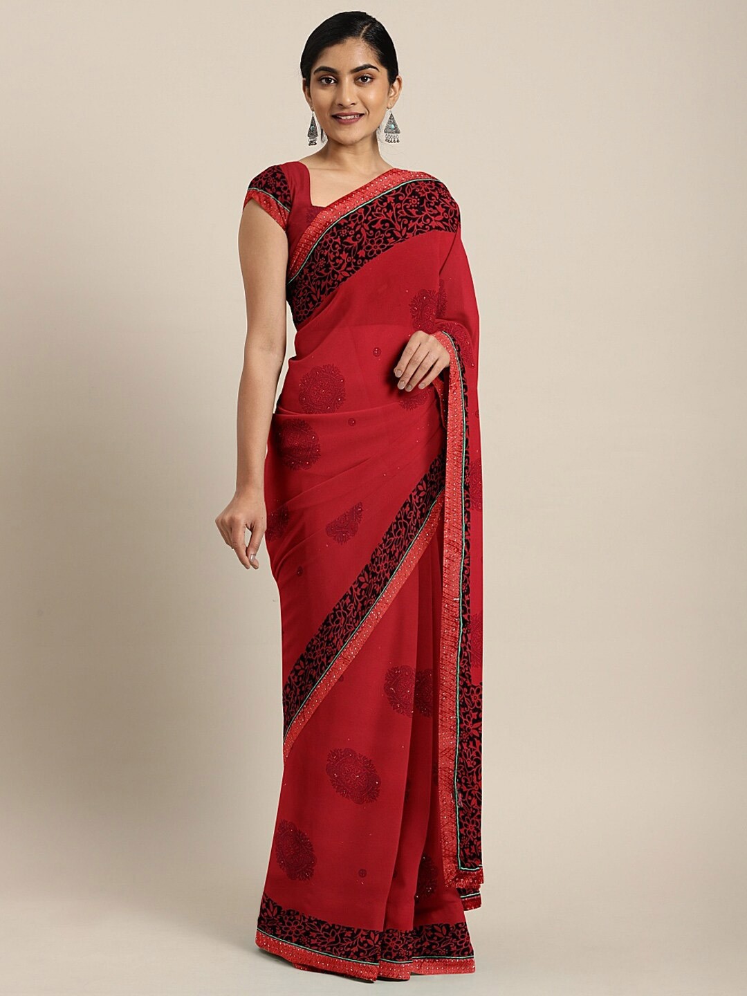 

SHAVYA Red & Black Floral Embroidered Pure Georgette Saree