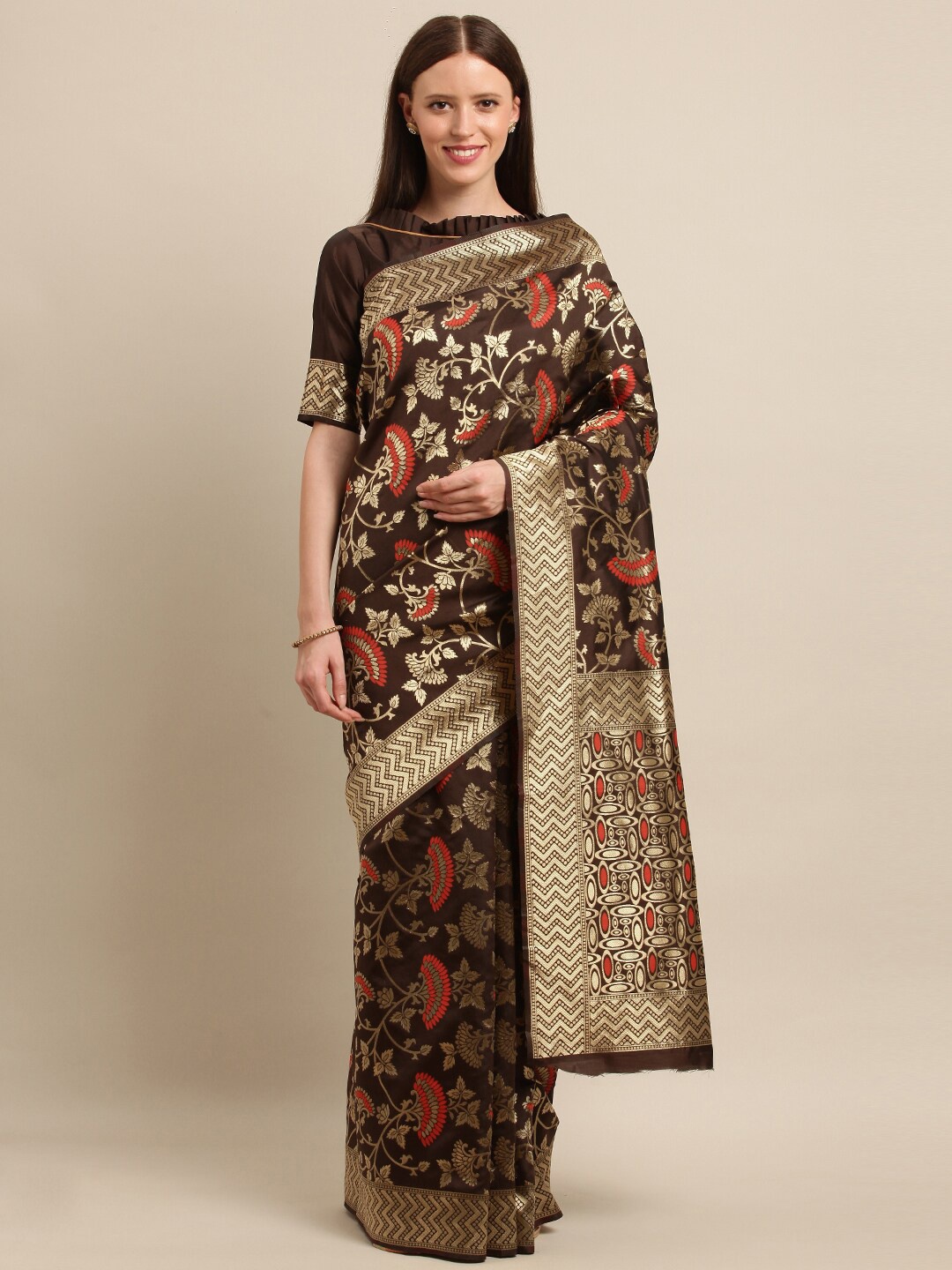 

SHAVYA Brown & Red Floral Zari Pure Silk Banarasi Saree