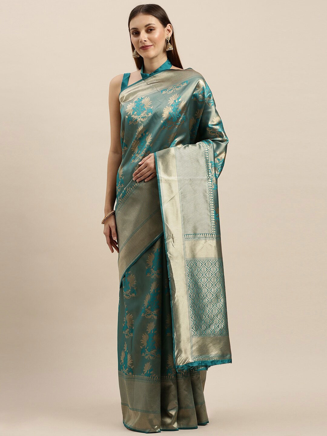 

SHAVYA Turquoise Blue & Gold-Toned Woven Design Silk Blend Heavy Work Banarasi Saree