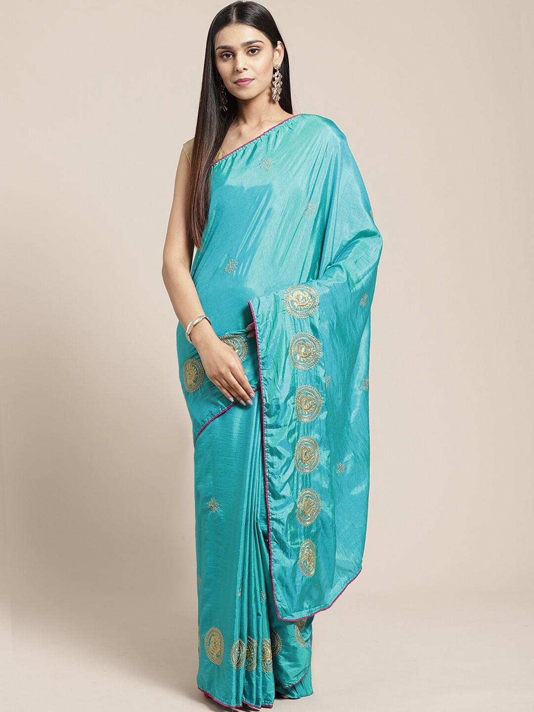 

SHAVYA Turquoise Blue & Pink Embroidered Silk Cotton Saree