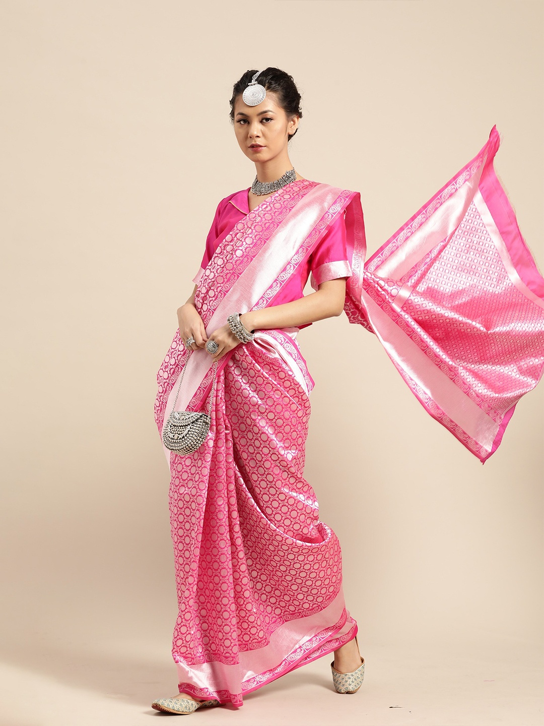 

SHAVYA Pink & Silver-Toned Woven Design Zari Silk Blend Banarasi Saree