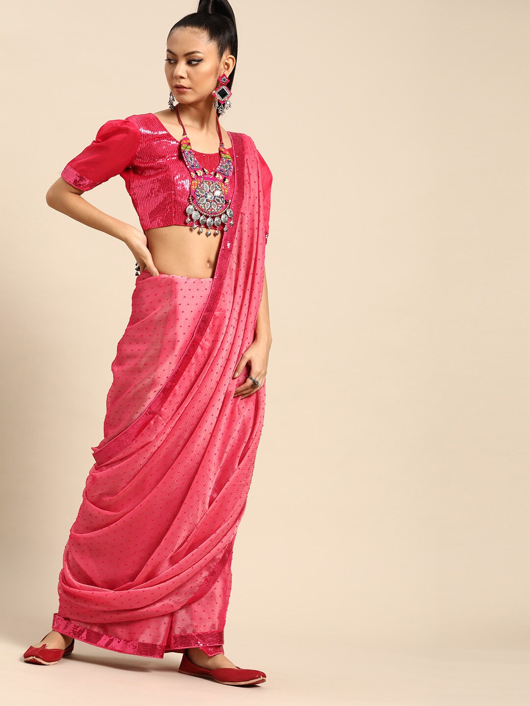 

SHAVYA Pink Embellished Sequinned Silk Blend Saree