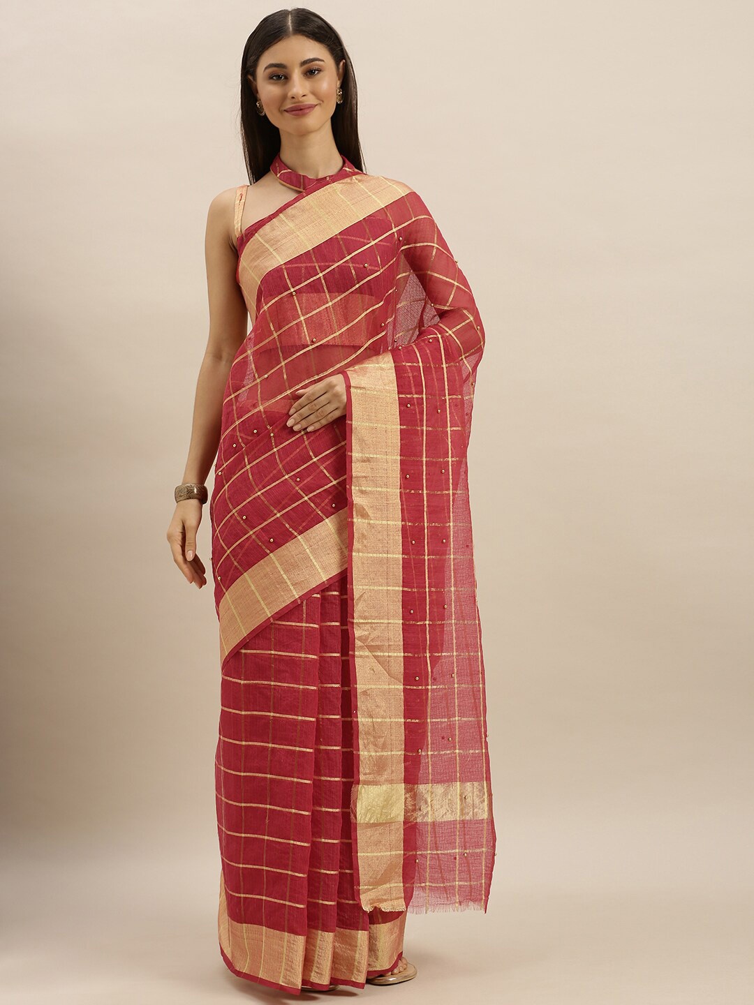 

SHAVYA Red & Gold-Toned Embellished Beads and Stones Jute Cotton Kota Saree