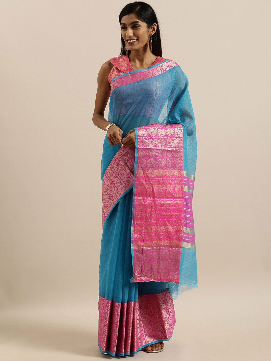 

SHAVYA Turquoise Blue & Pink Woven Design Zari Pure Cotton Banarasi Saree