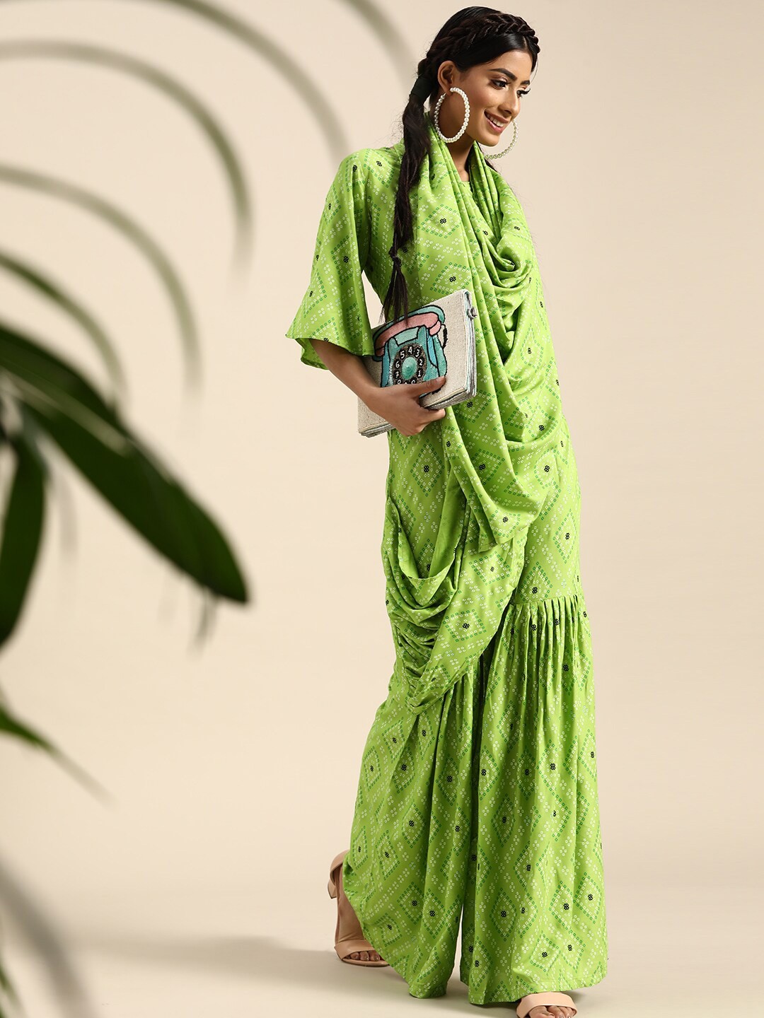 

SHAVYA Olive Green Embellished Fusion Saree