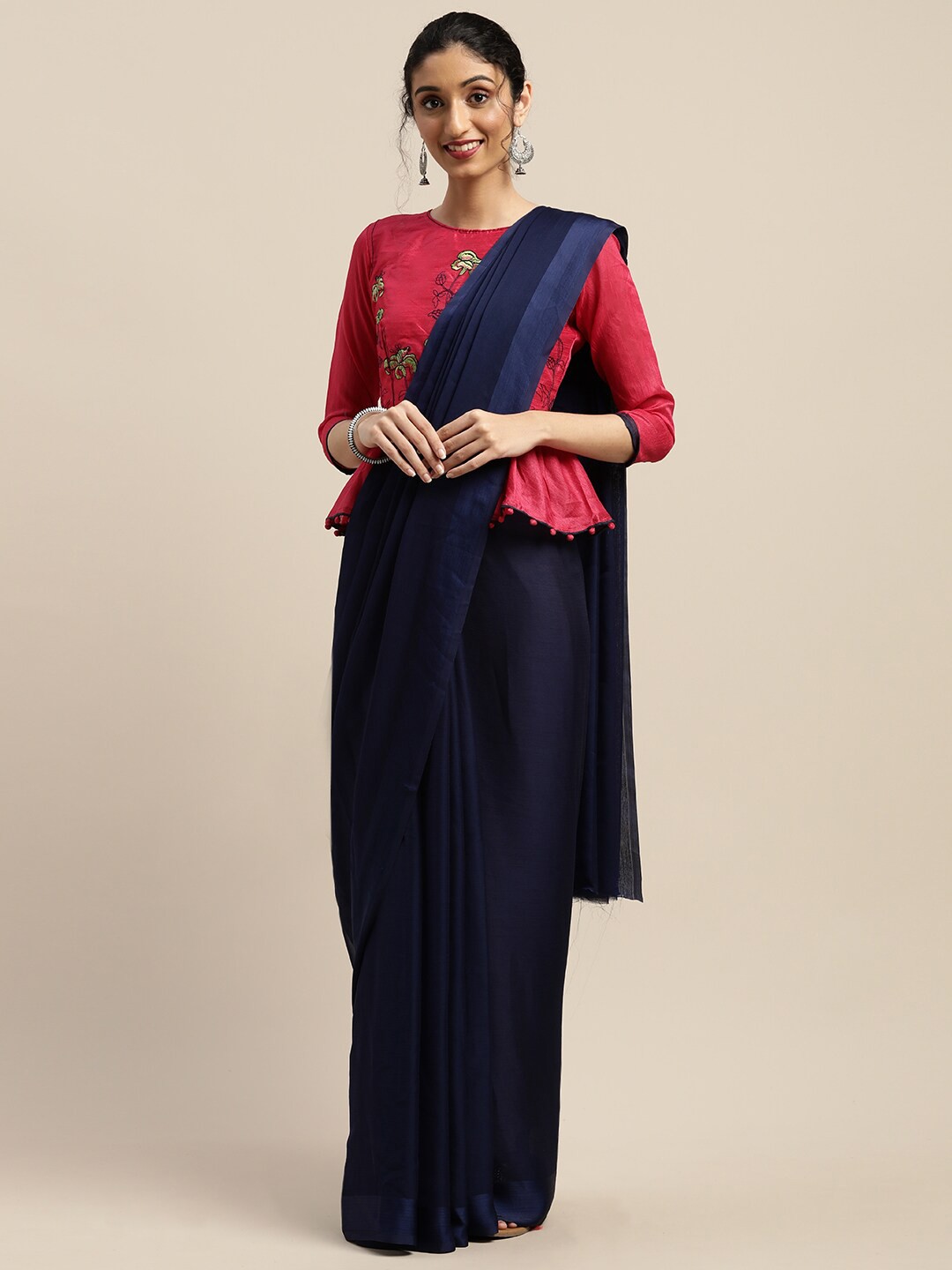 

SHAVYA Navy Blue & Magenta Embroidered Pure Chiffon Saree