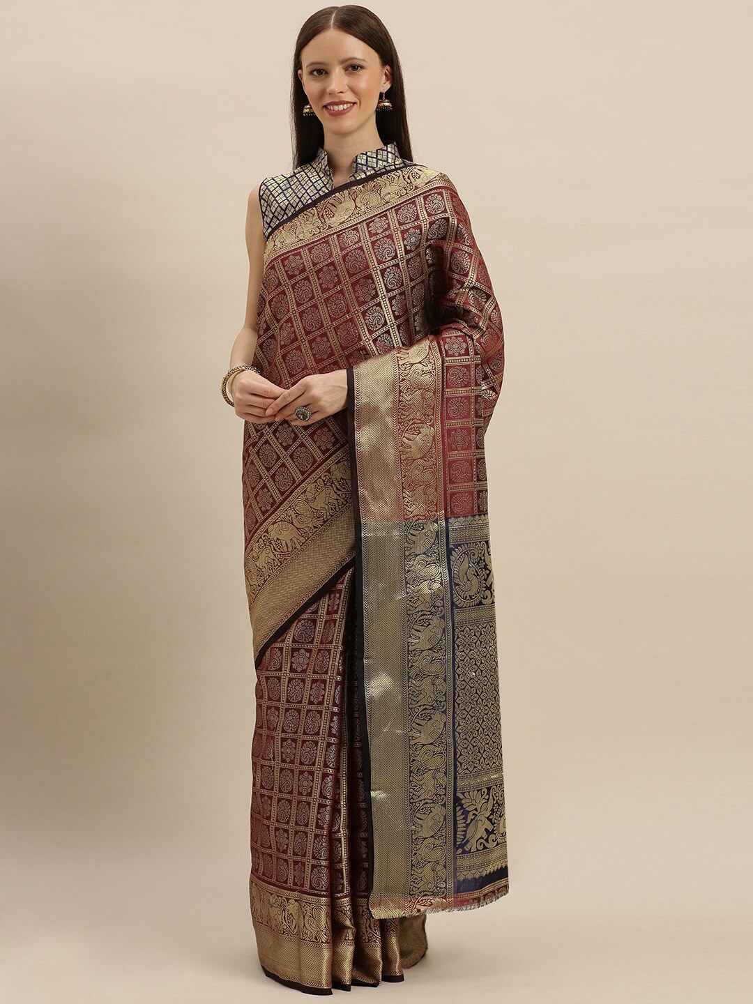 

SHAVYA Maroon & Blue Woven Design Zari Pure Silk Heavy Work Patola Saree