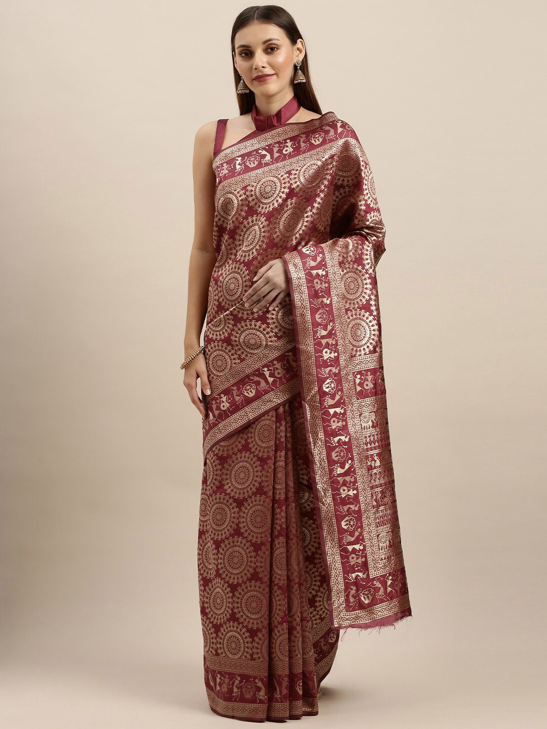 

SHAVYA Burgundy & Gold-Toned Woven Design Silk Blend Heavy Work Banarasi Saree