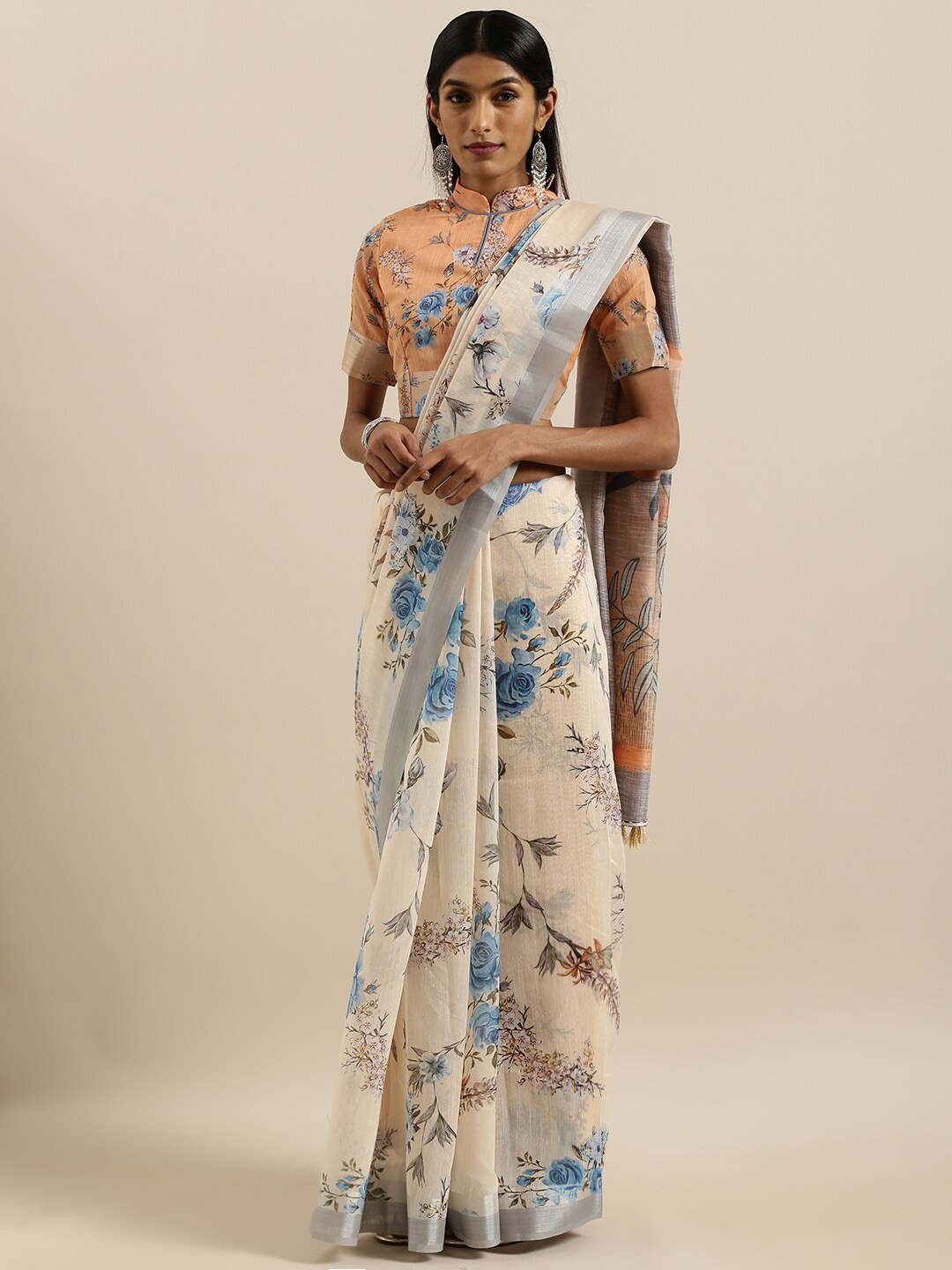 

SHAVYA Beige & Blue Floral Zari Pure Linen Saree