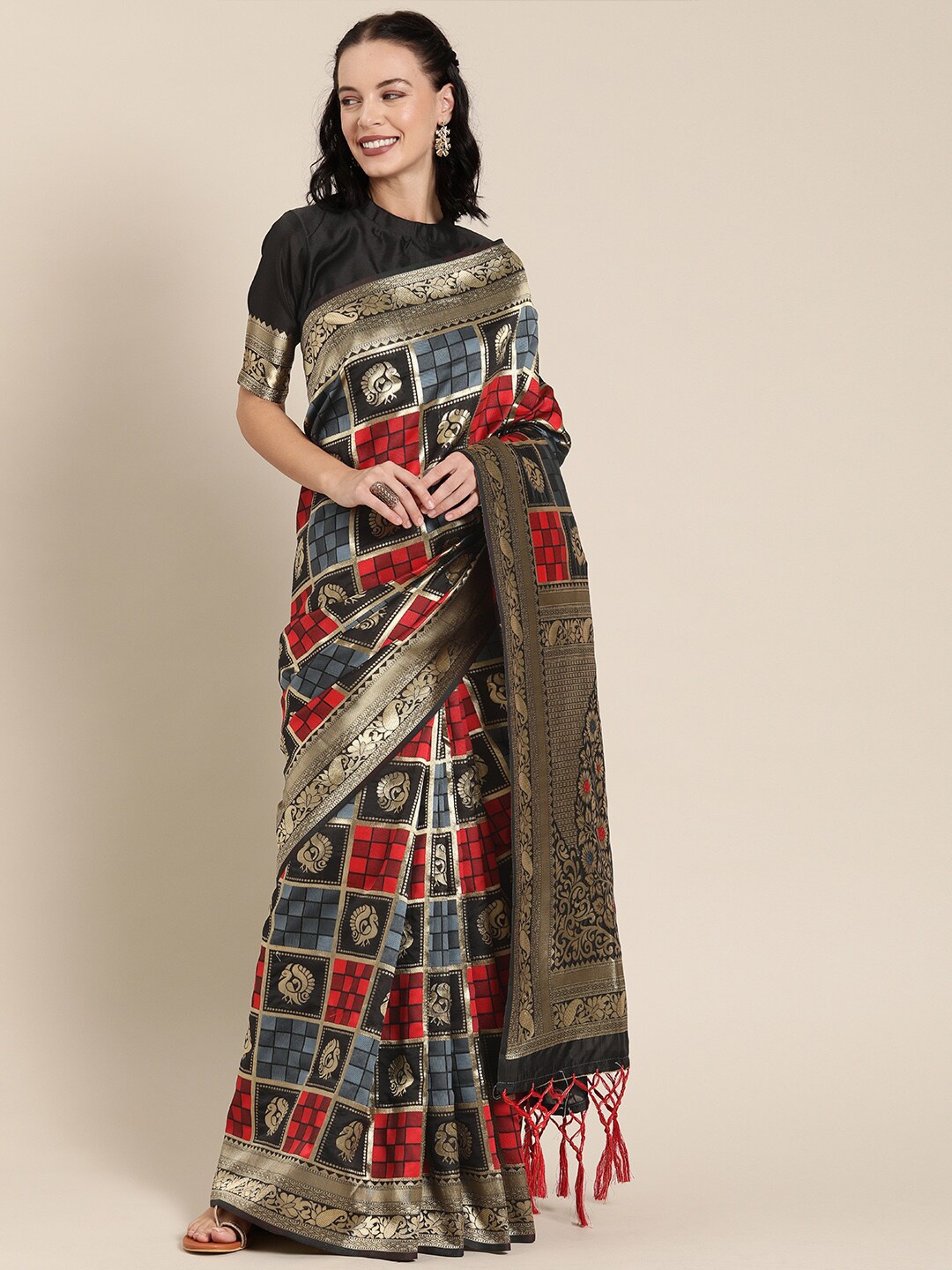 

SHAVYA Black & Red Woven Design Zari Pure Silk Banarasi Saree