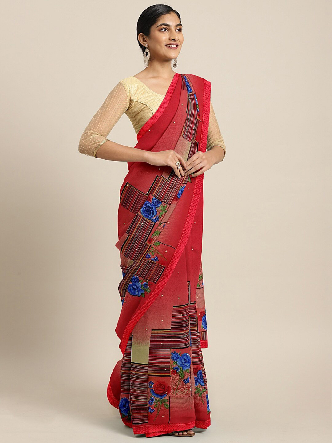 

SHAVYA Red & Blue Embroidered Pure Georgette Saree