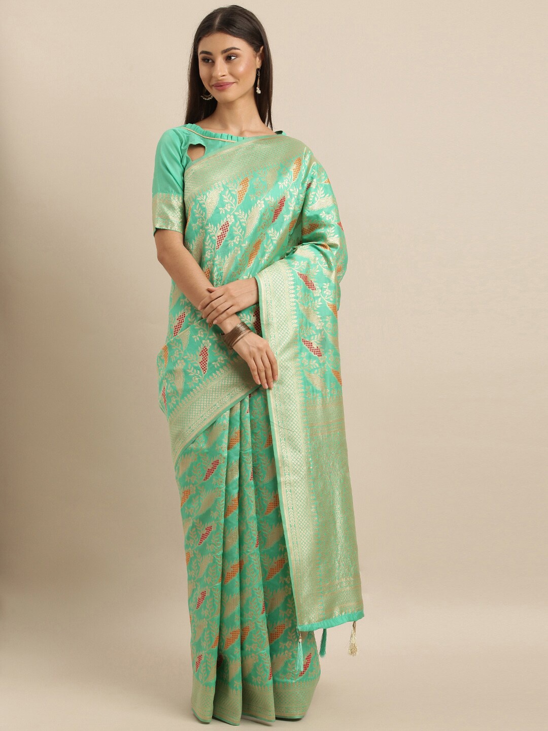 

SHAVYA Green Woven Design Zari Silk Blend Banarasi Saree