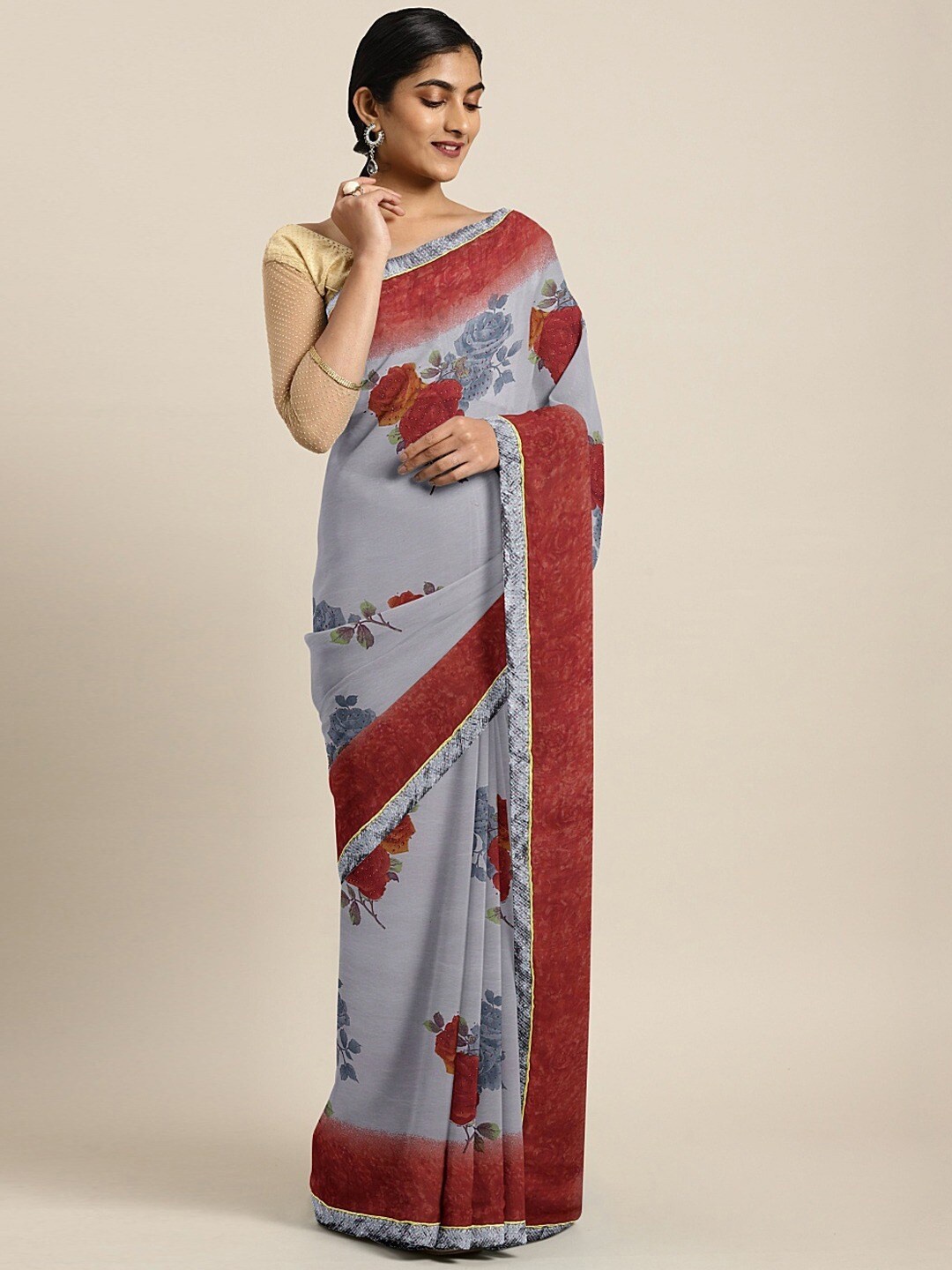 

SHAVYA Purple & Red Embroidered Pure Georgette Saree