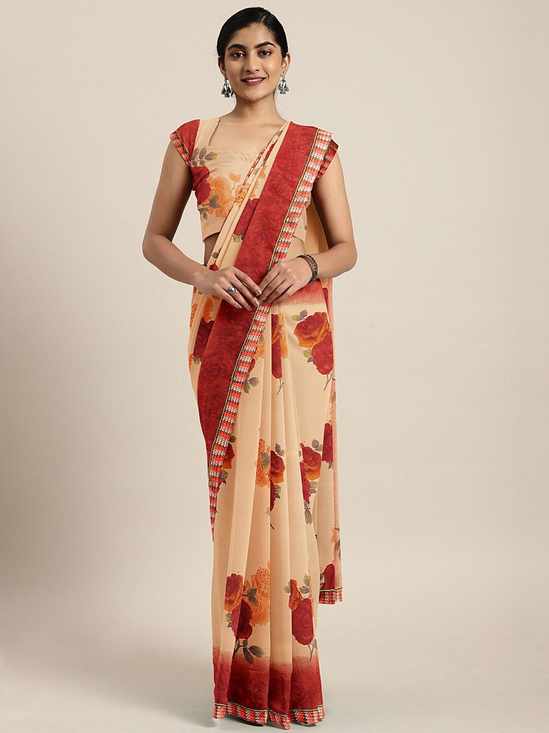 

SHAVYA Red & Orange Floral Embroidered Pure Georgette Saree