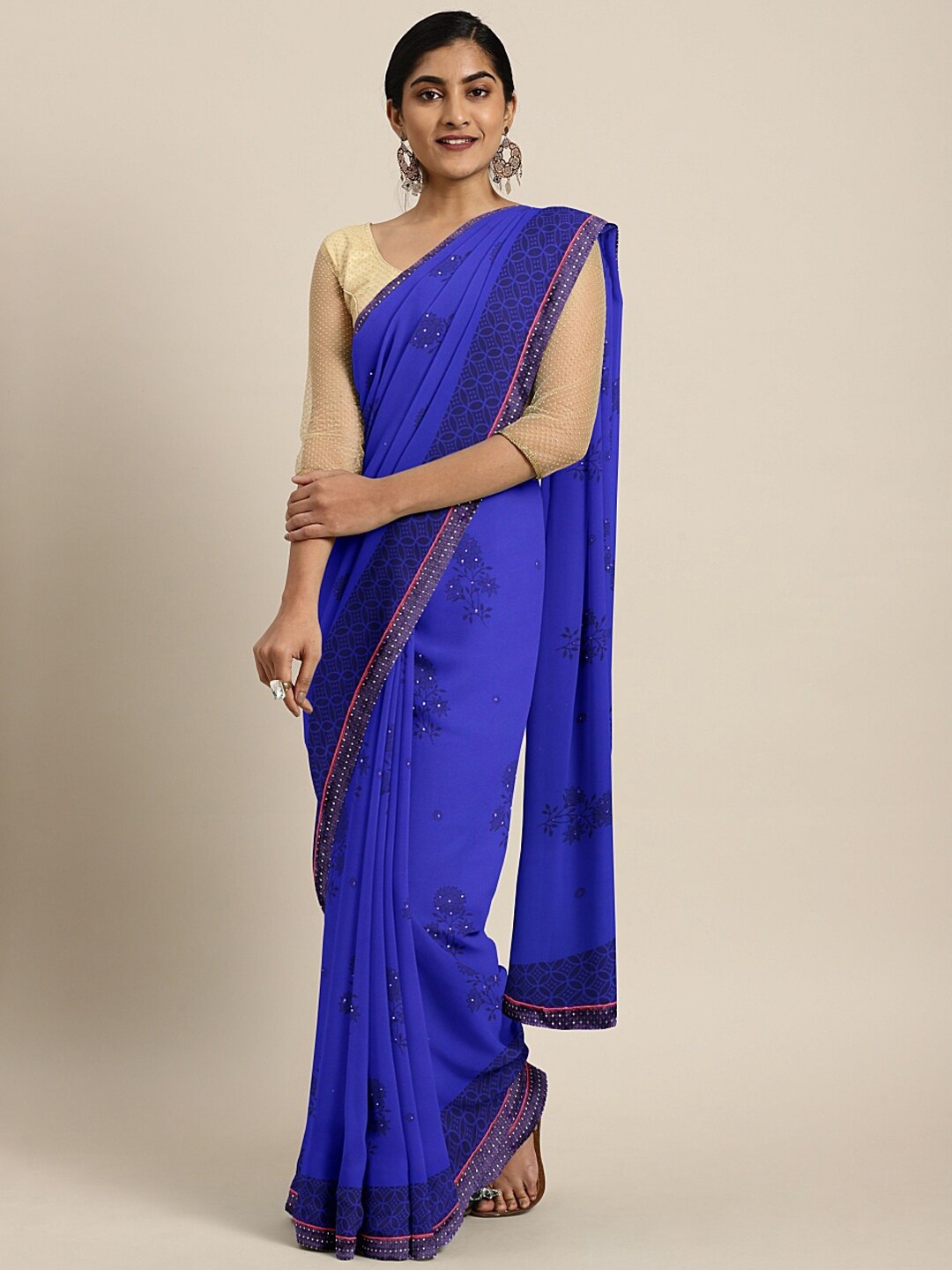 

SHAVYA Blue & Black Floral Embroidered Pure Georgette Saree