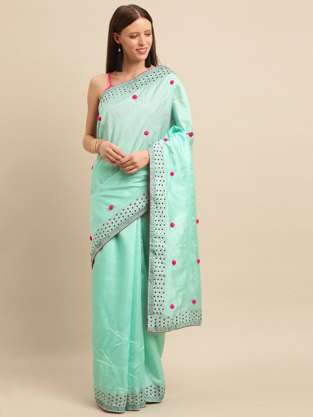 

SHAVYA Turquoise Blue & Pink Embellished Beads and Stones Silk Blend Saree