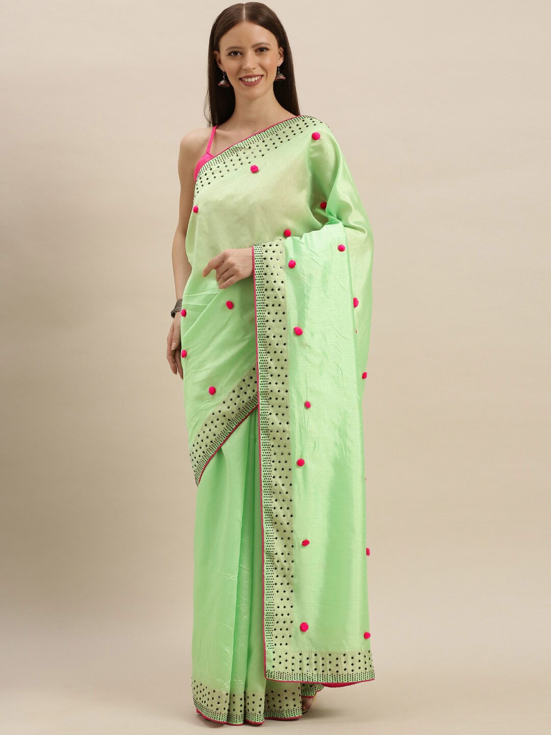 

SHAVYA Green & Pink Embellished Beads and Stones Silk Blend Saree