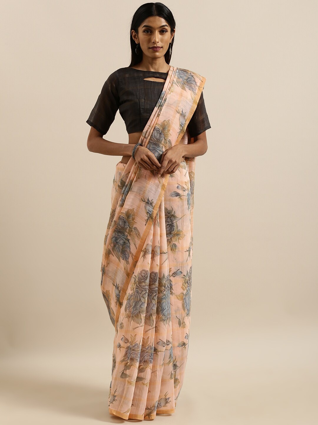 

SHAVYA Peach-Coloured & Grey Floral Zari Pure Linen Patola Saree