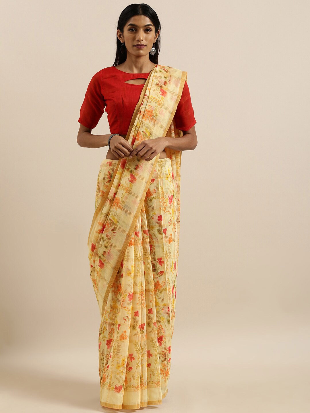 

SHAVYA Cream-Coloured & Red Floral Zari Pure Linen Patola Saree