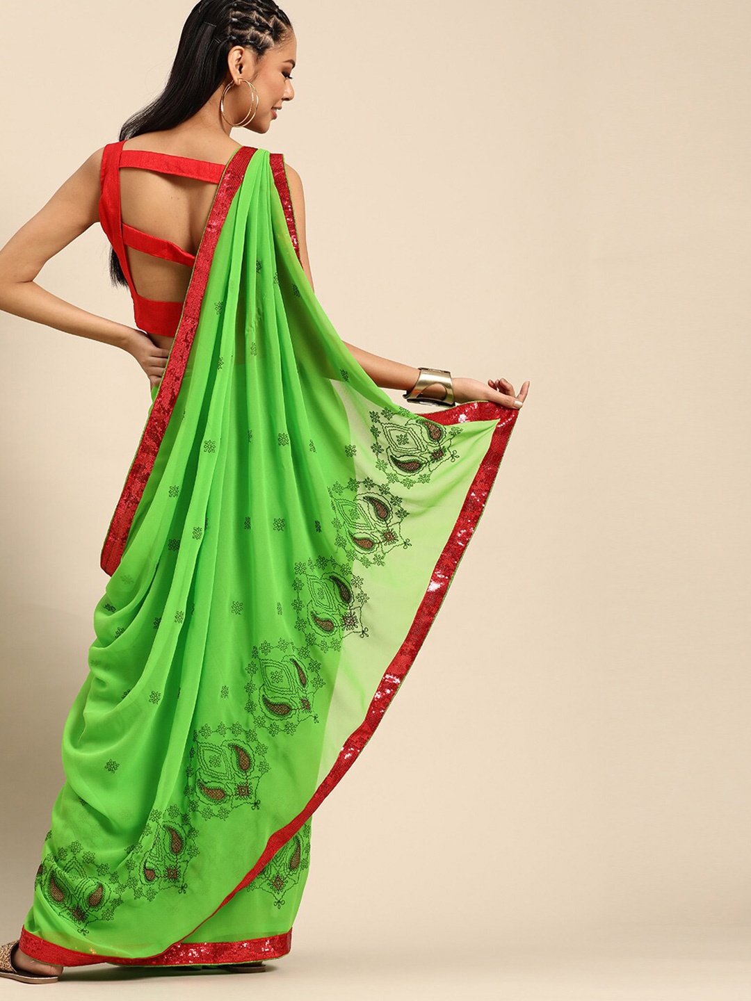 

SHAVYA Green & Red Embellished Sequinned Pure Georgette Saree