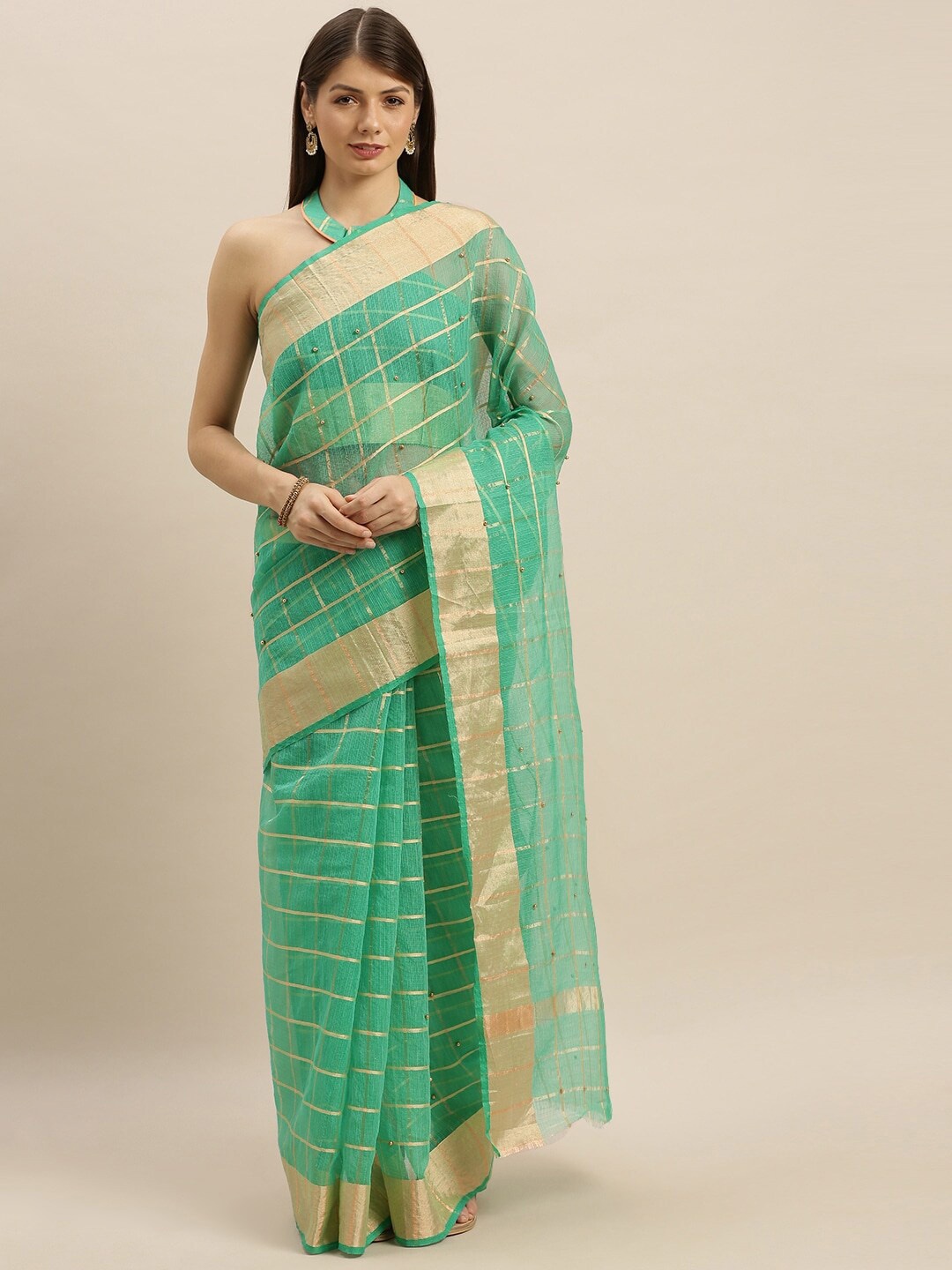 

SHAVYA Teal & Gold-Toned Checked Beads and Stones Jute Cotton Kota Saree