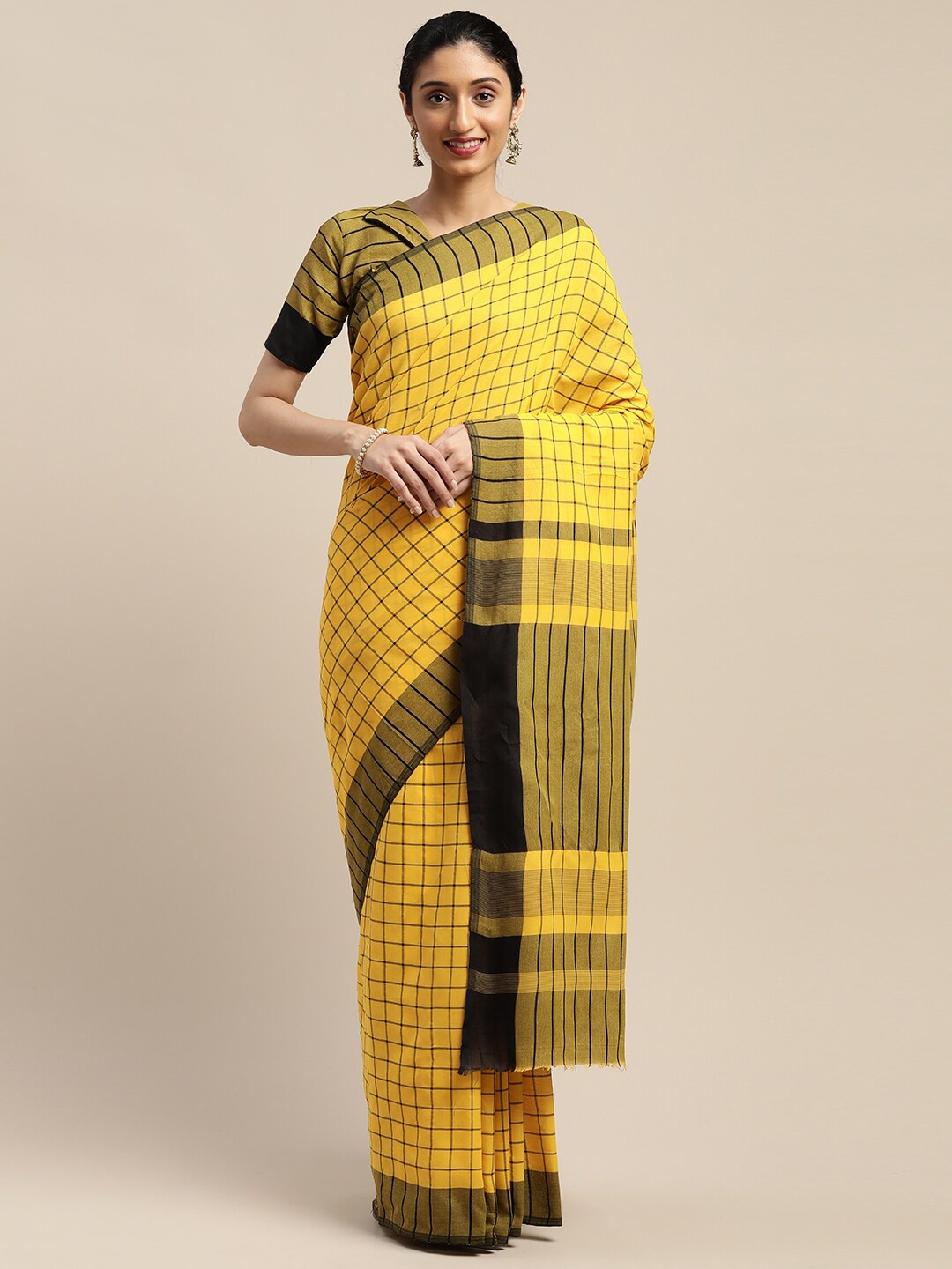 

SHAVYA Mustard & Black Checked Saree