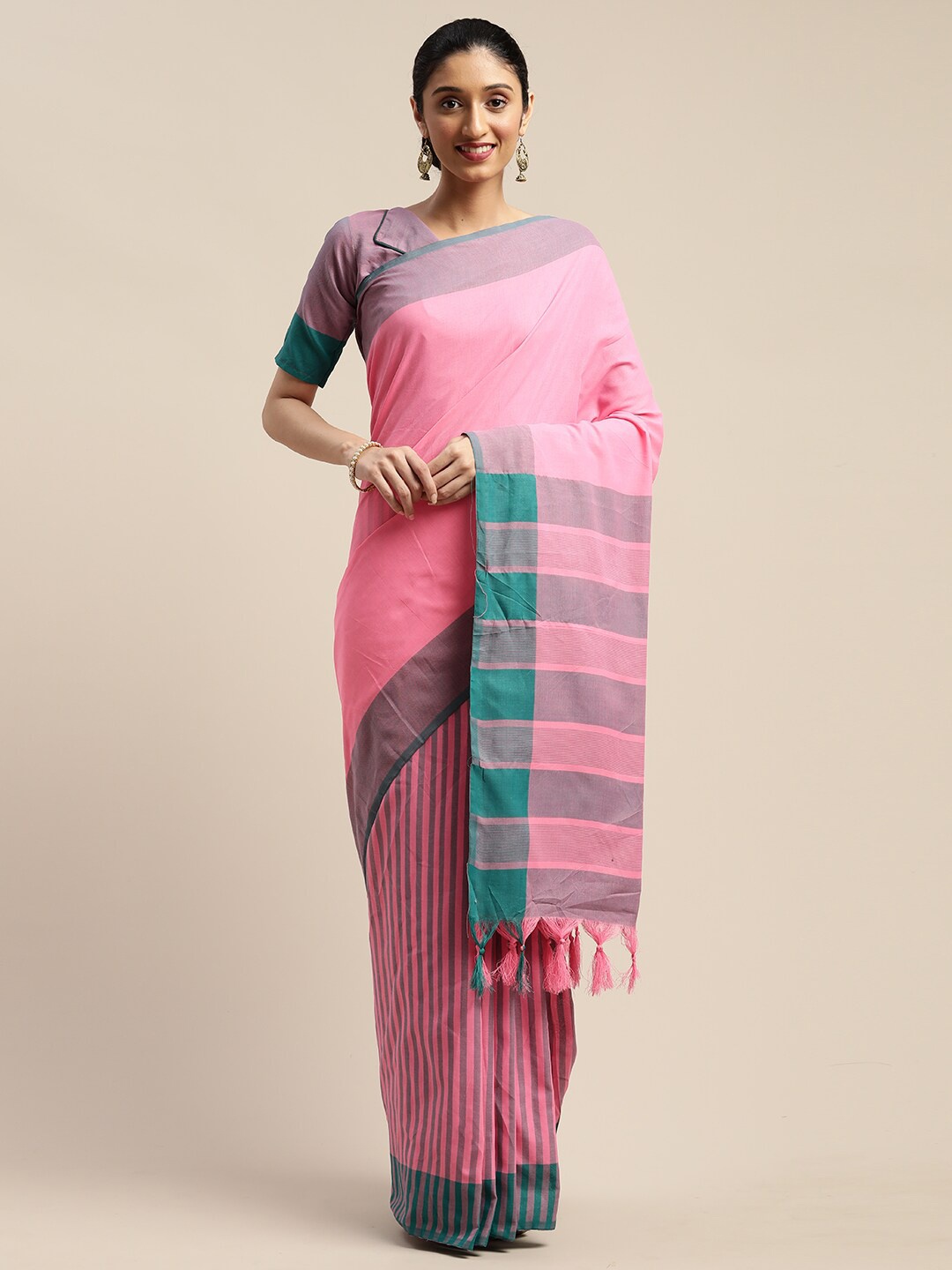 

SHAVYA Pink & Green Striped Saree