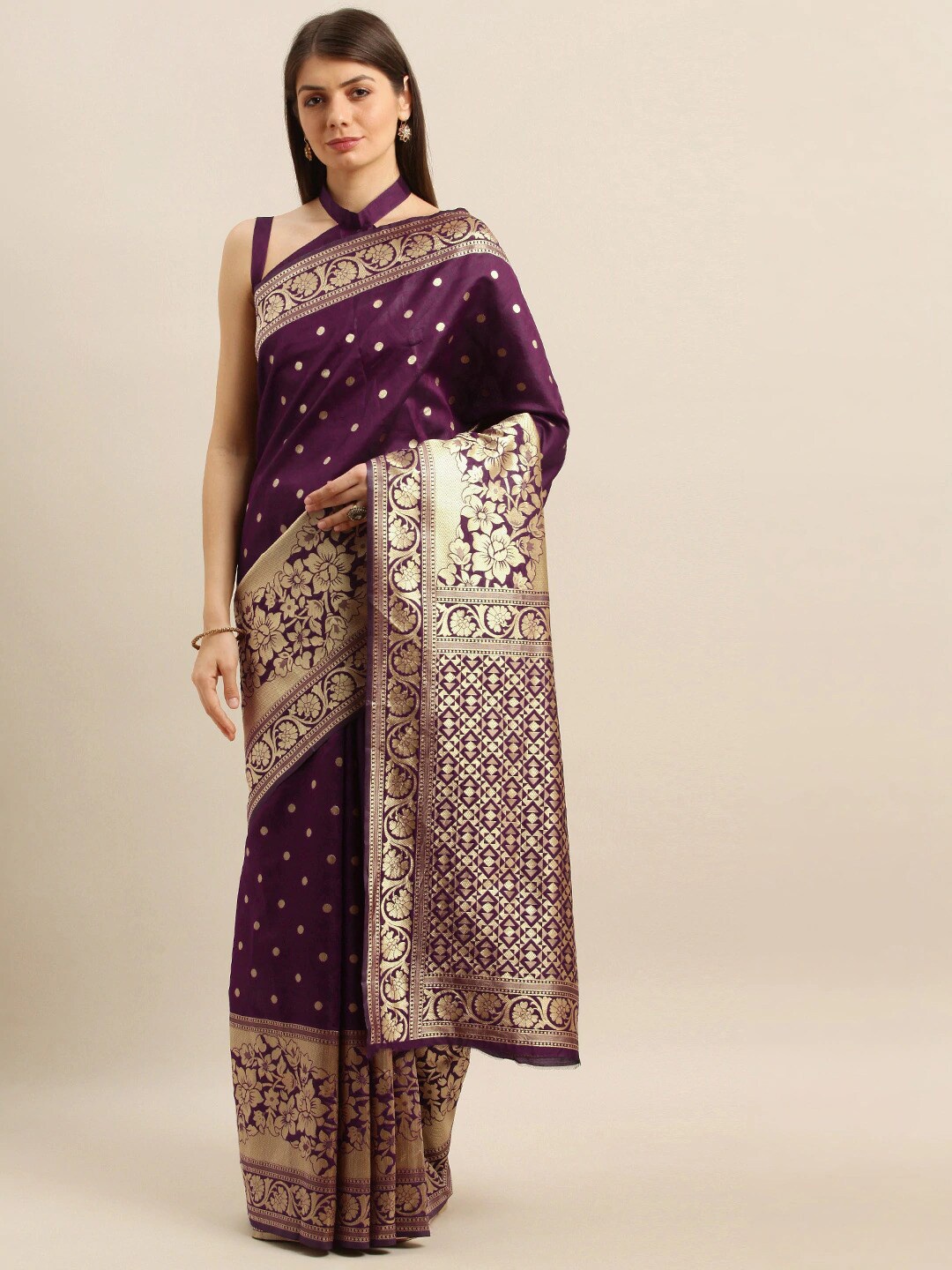 

SHAVYA Purple & Gold-Toned Woven Design Zari Silk Blend Heavy Work Banarasi Saree