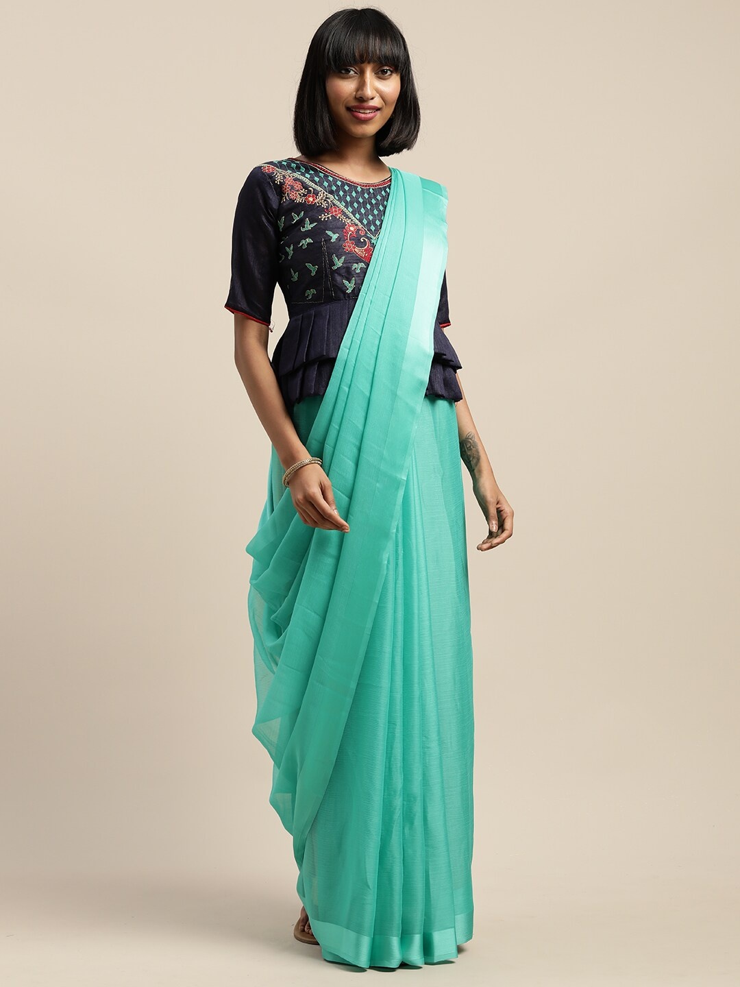 

SHAVYA Sea Green Embroidered Pure Chiffon Saree