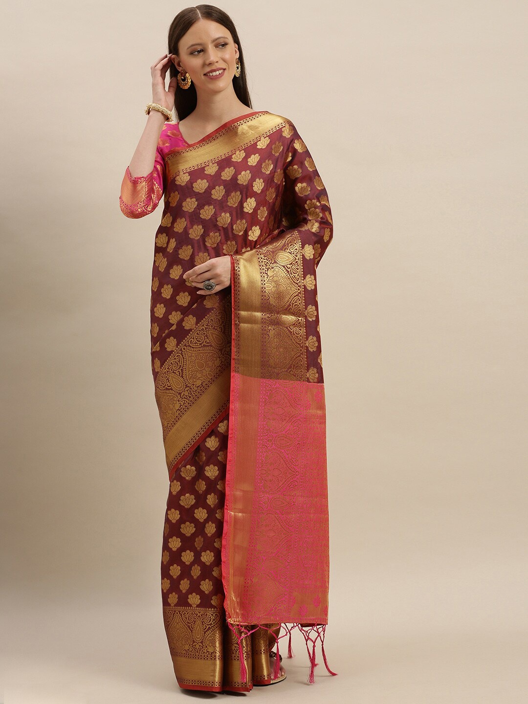 

SHAVYA Coffee Brown & Pink Woven Design Jaali Pure Silk Heavy Work Banarasi Saree