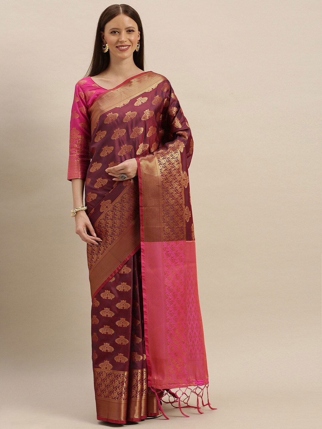 

SHAVYA Coffee Brown & Pink Woven Design Jaali Pure Silk Heavy Work Banarasi Saree