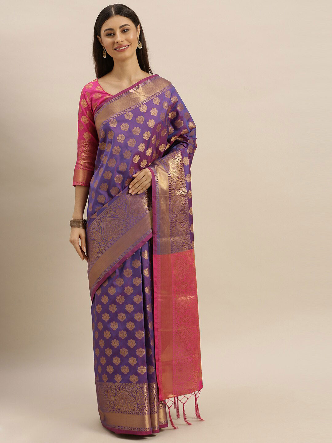 

SHAVYA Violet & Pink Woven Design Jaali Pure Silk Heavy Work Banarasi Saree