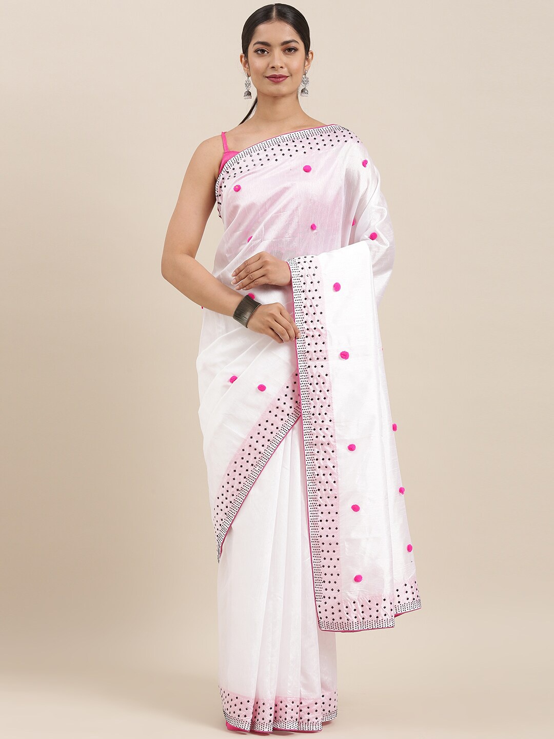 

SHAVYA White & Pink Embellished Beads and Stones Silk Blend Saree