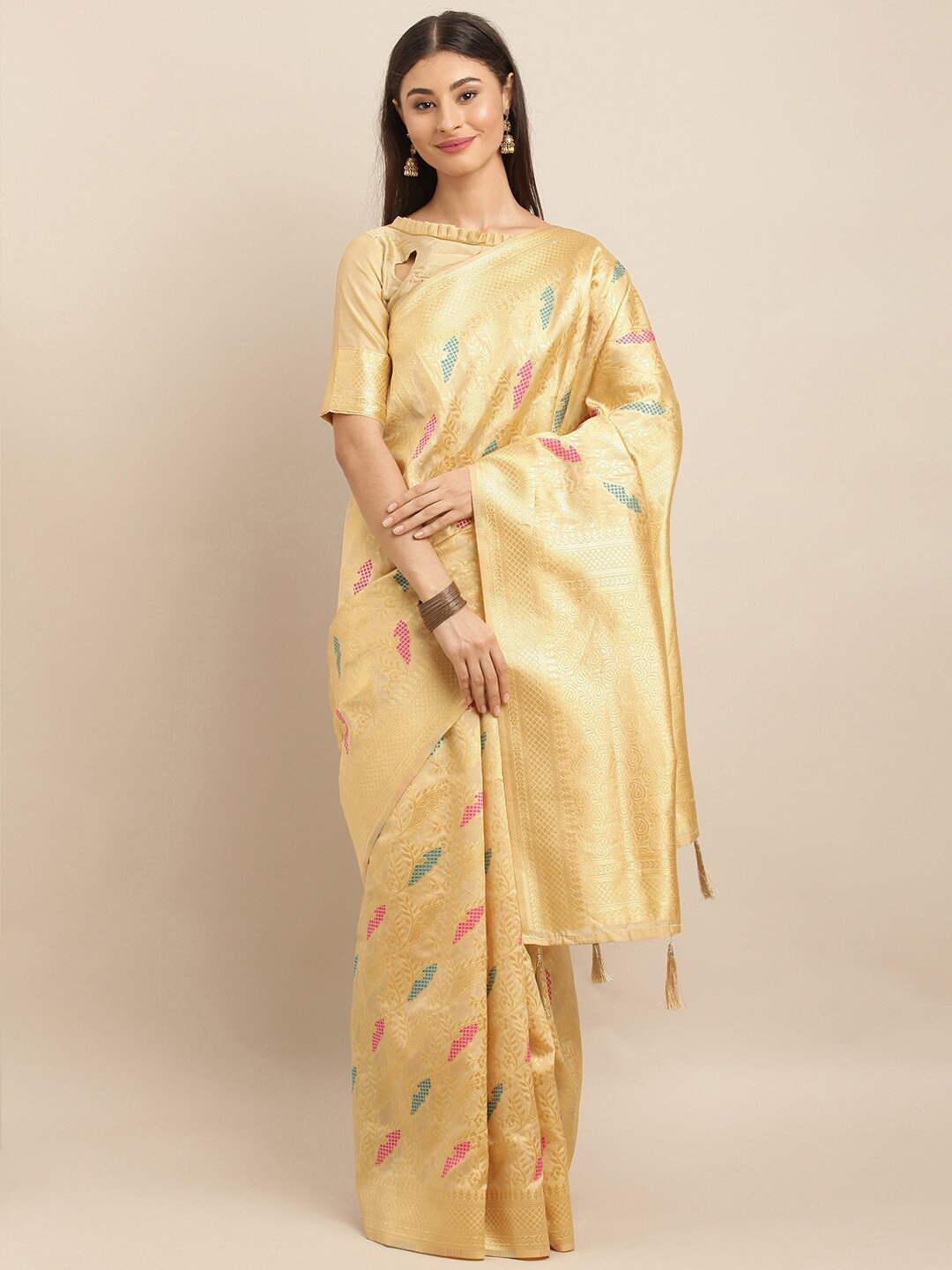 

SHAVYA Yellow & Red Woven Design Zari Silk Blend Banarasi Saree