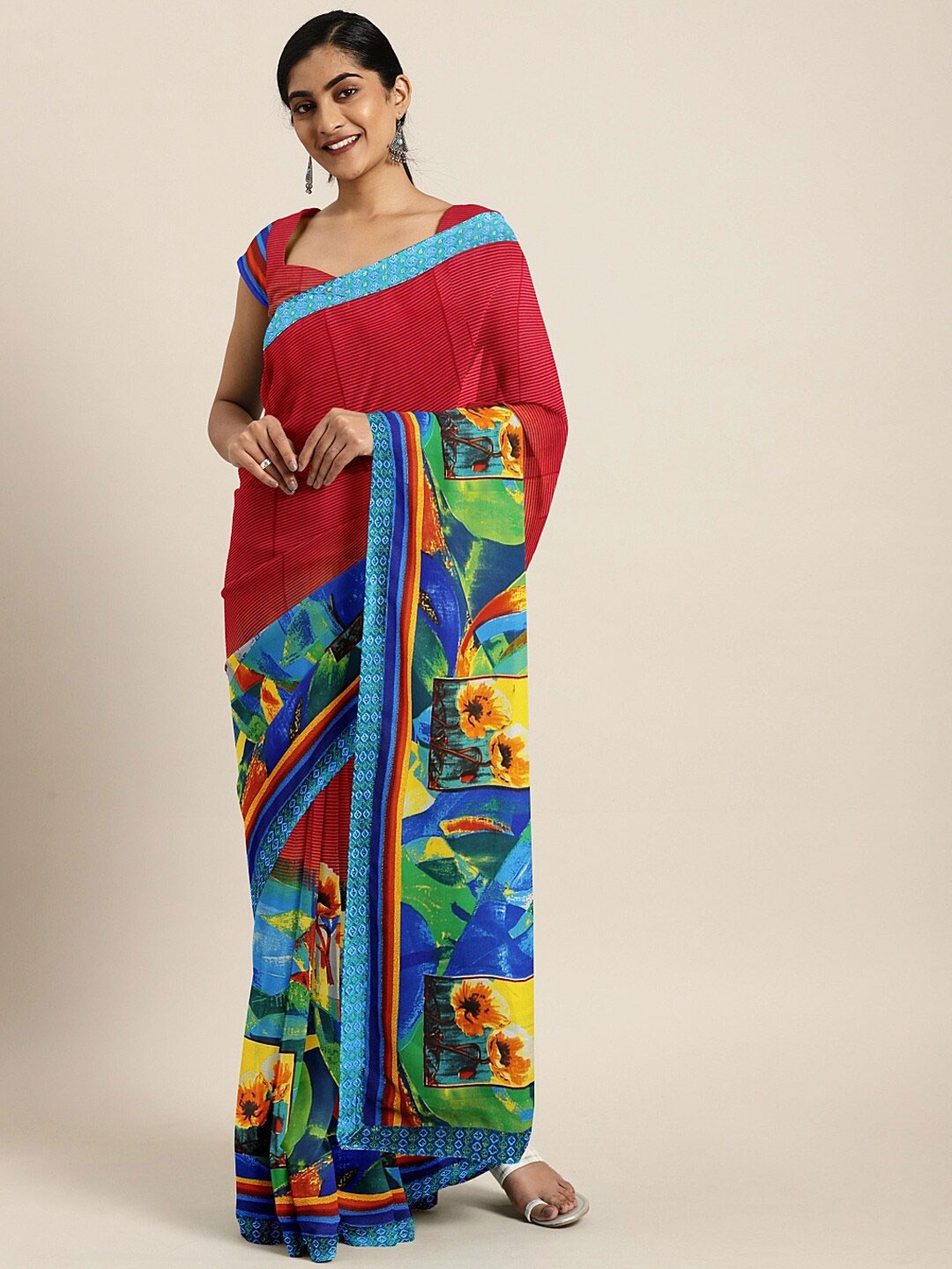 

SHAVYA Red & Blue Embroidered Pure Georgette Saree