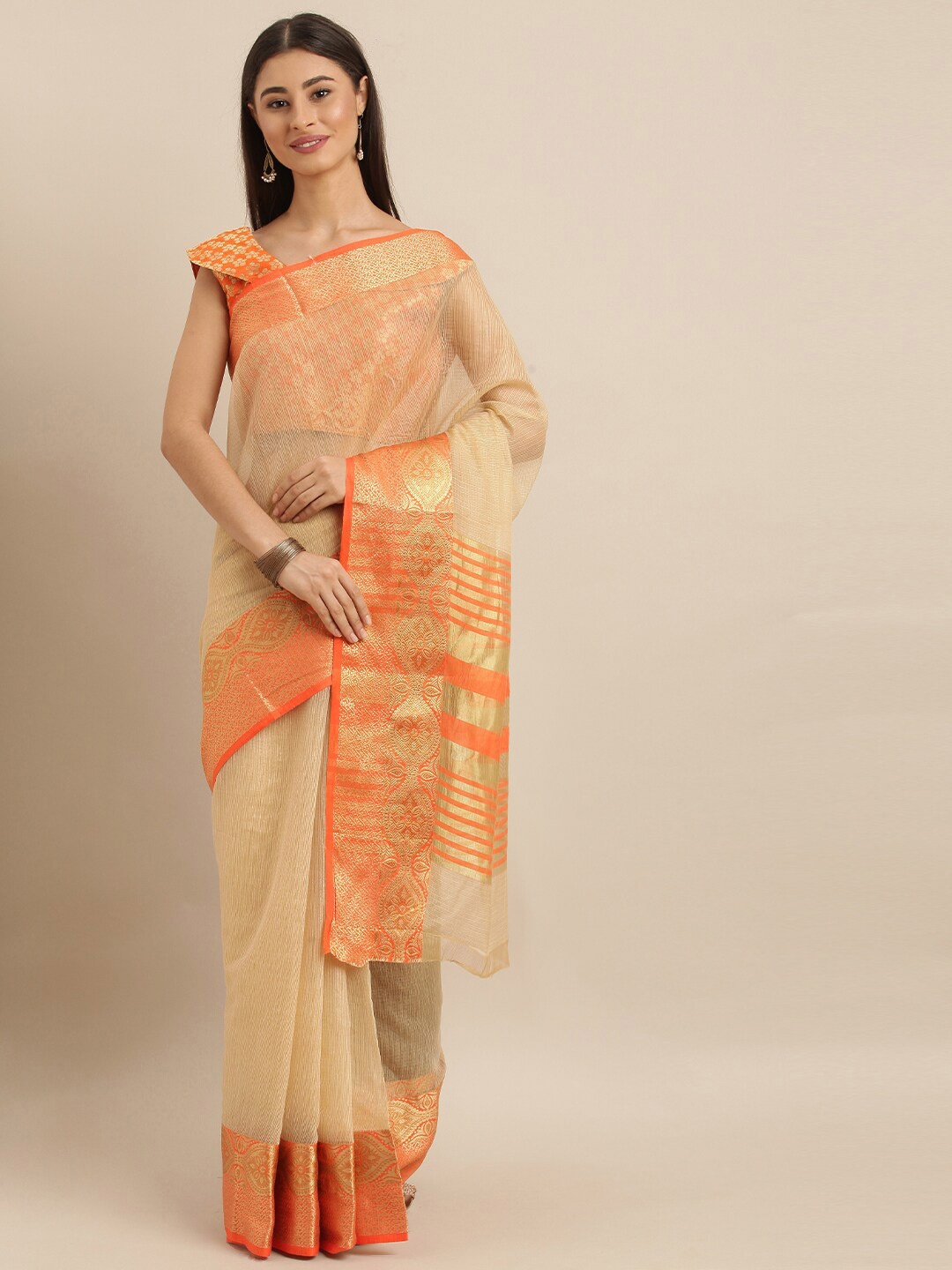 

SHAVYA Beige & Orange Woven Design Zari Pure Cotton Banarasi Saree