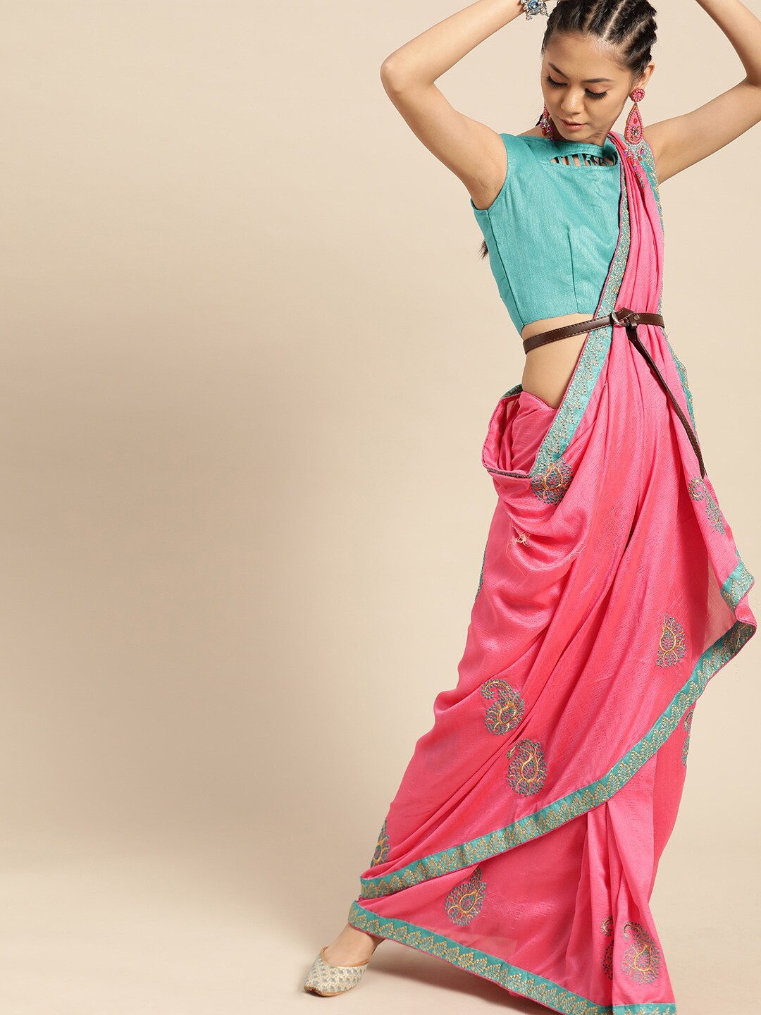 

SHAVYA Rose & Blue Embellished Embroidered Silk Blend Saree