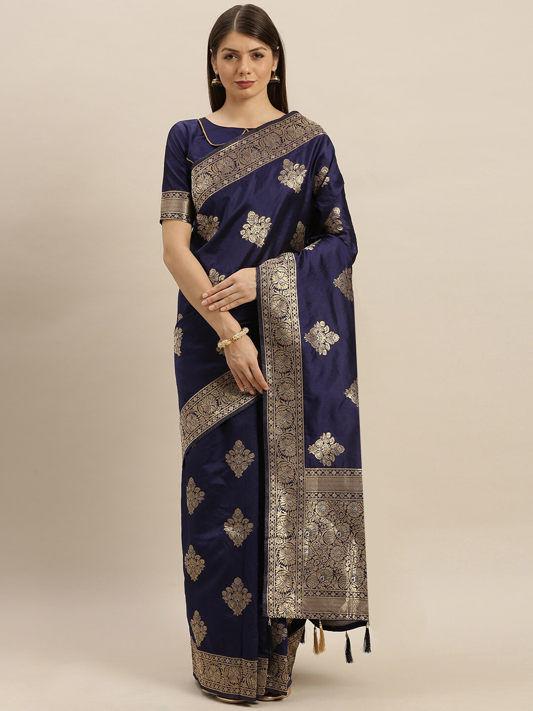 

SHAVYA Blue & Gold-Toned Woven Design Zari Pure Silk Heavy Work Banarasi Saree