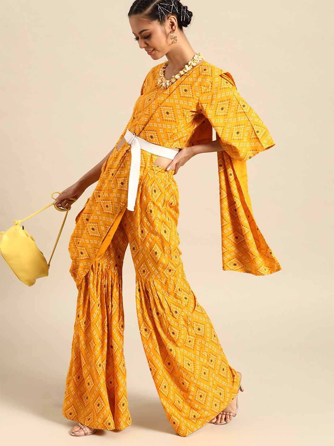 

SHAVYA Mustard & White Embellished Fusion Saree