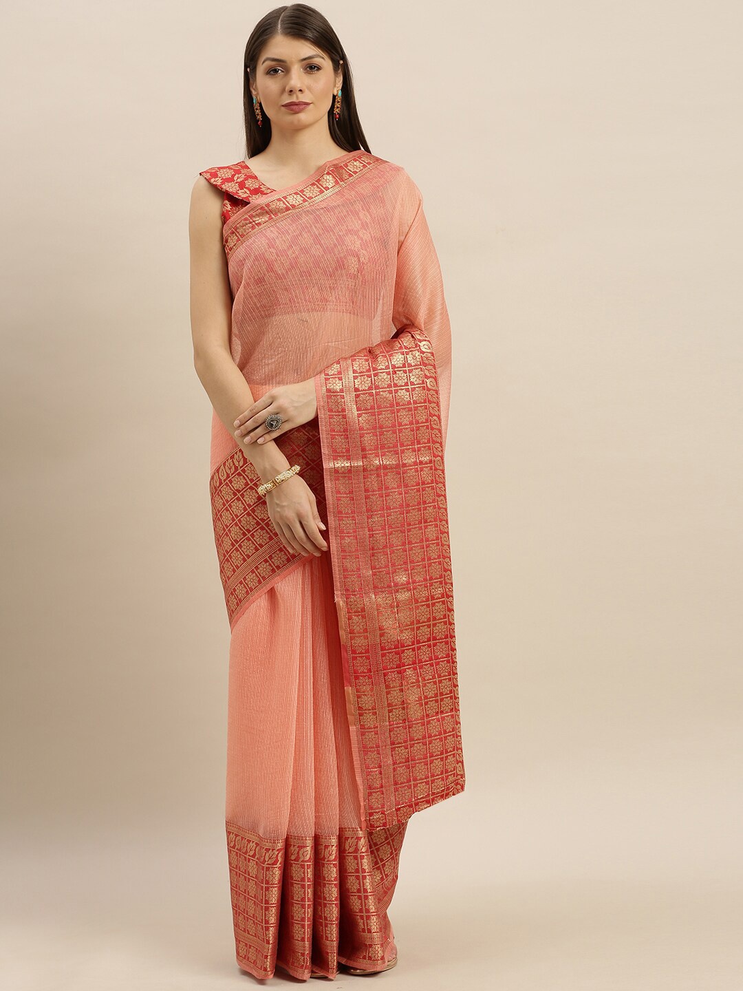 

SHAVYA Peach-Coloured & Gold-Toned Woven Design Zari Pure Cotton Ready to Wear Banarasi Saree