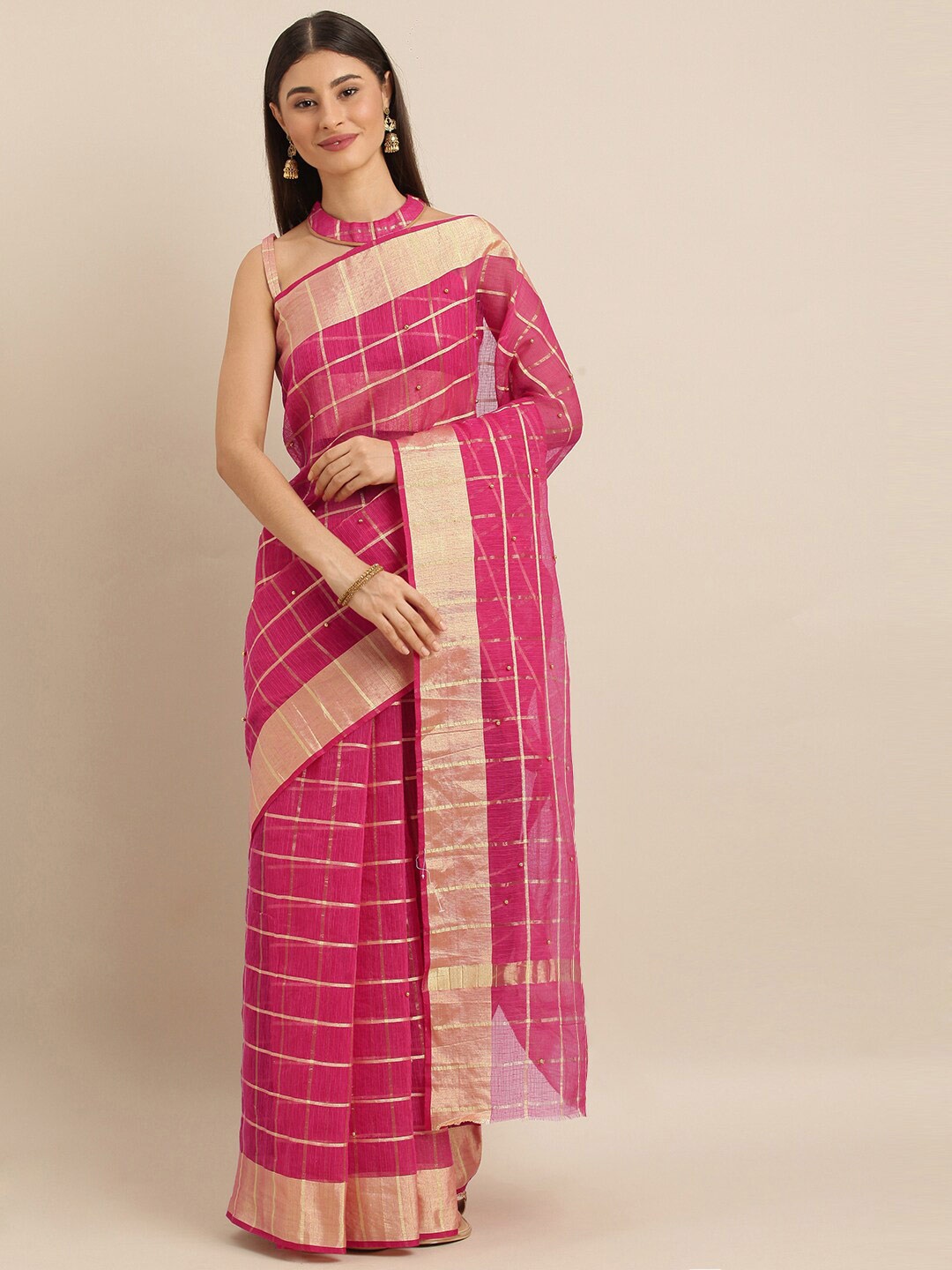 

SHAVYA Fuchsia & Gold-Toned Checked Beads and Stones Jute Cotton Kota Saree