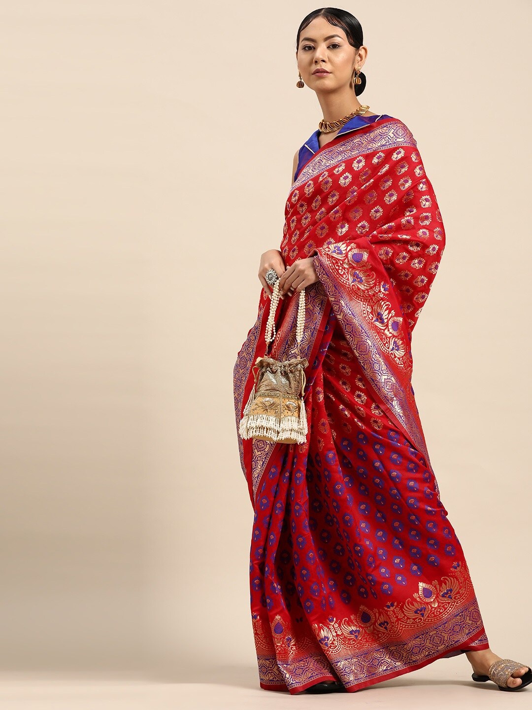 

SHAVYA Red & Blue Woven Design Zari Silk Blend Heavy Work Saree