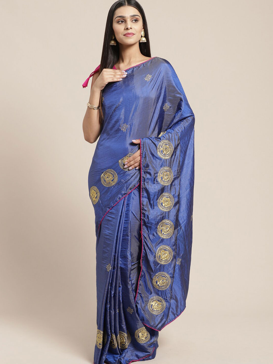 

SHAVYA Navy Blue & Pink Embroidered Silk Cotton Saree
