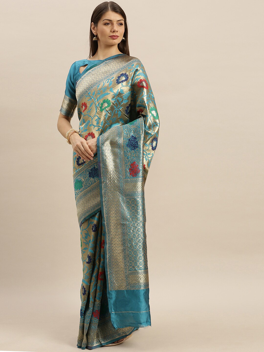 

SHAVYA Blue Woven Design Zari Pure Silk Banarasi Saree