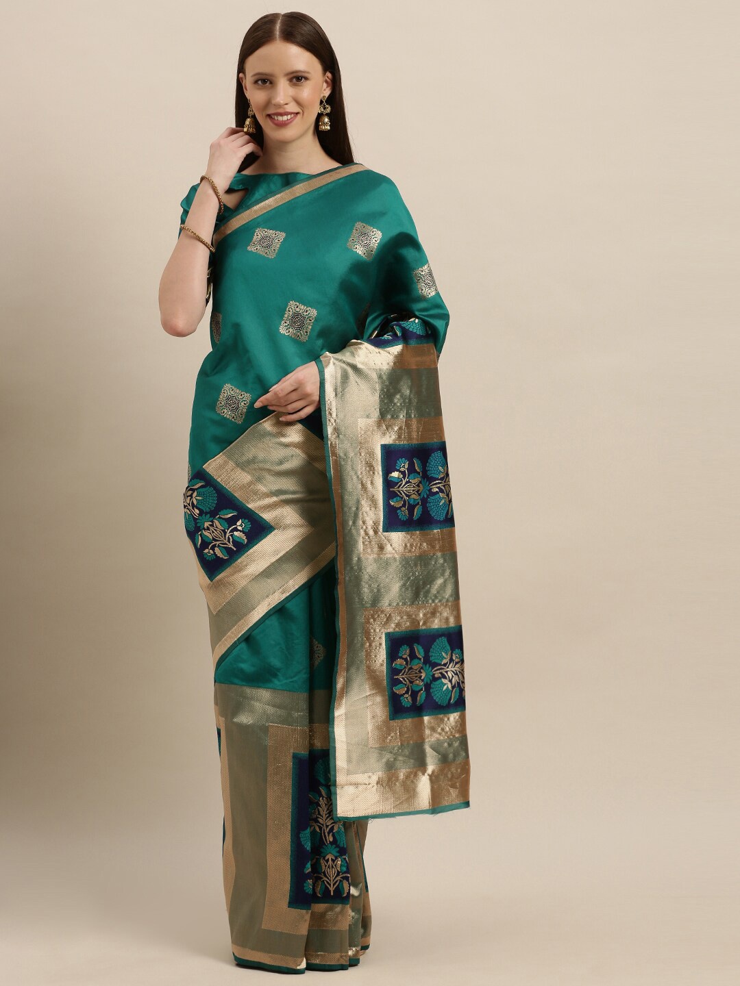 

SHAVYA Green & Gold-Toned Woven Design Zari Pure Silk Banarasi Saree