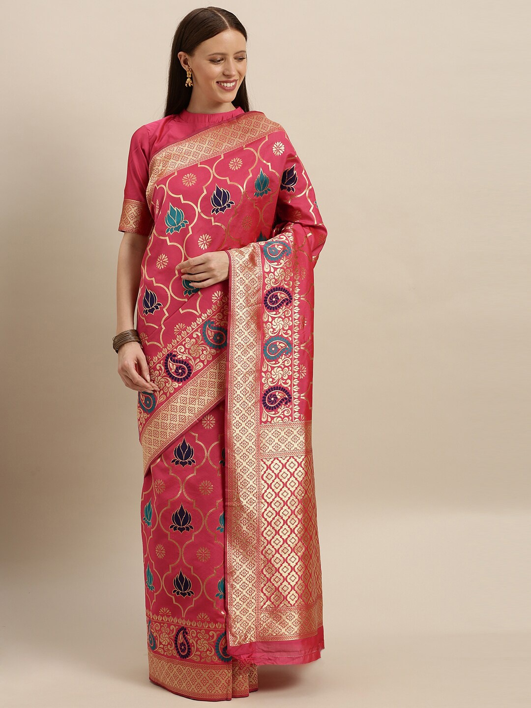 

SHAVYA Pink & Blue Woven Design Zari Pure Silk Banarasi Saree