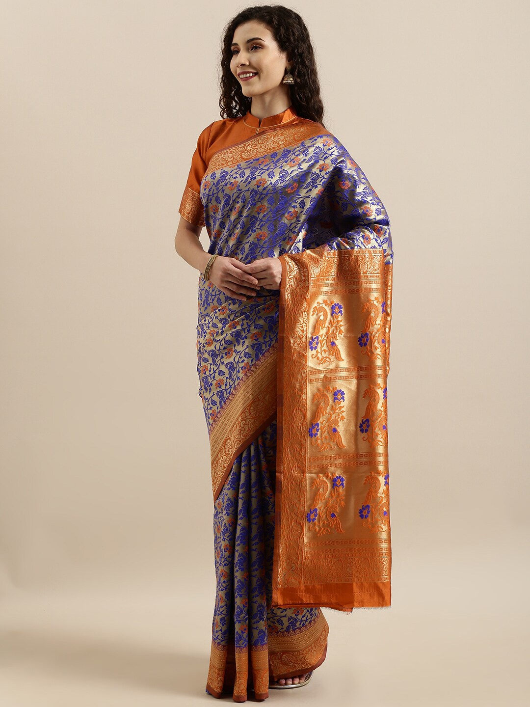 

SHAVYA Blue & Gold-Toned Woven Design Zari Pure Linen Banarasi Saree